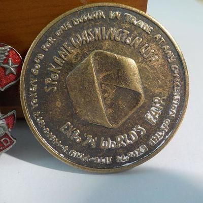 Boy Scouts of America " 1900 Eagle Scout Badge", 1964 World Fair Coin/ Indian Wooden Nickel.