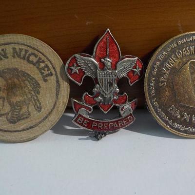 Boy Scouts of America " 1900 Eagle Scout Badge", 1964 World Fair Coin/ Indian Wooden Nickel.
