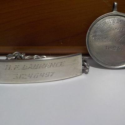 Collector First Prize 1848 medallion and Military WW2 ID bracelet.
