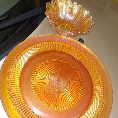 Carnival Glass charger plate and candy bowl.