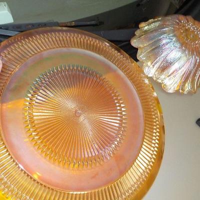 Carnival Glass charger plate and candy bowl.