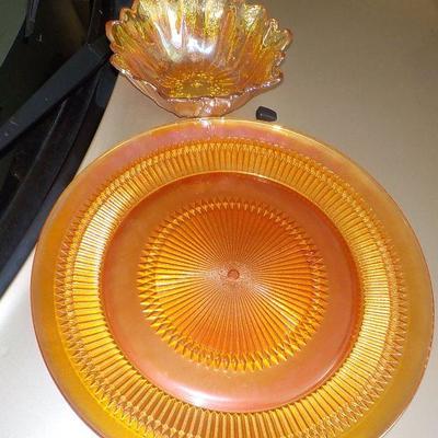 Carnival Glass charger plate and candy bowl.