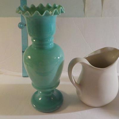 2 stunning vase & pitcher  / hand painted blue translucent vase & penguin pitcher.