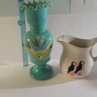 2 stunning vase & pitcher  / hand painted blue translucent vase & penguin pitcher.