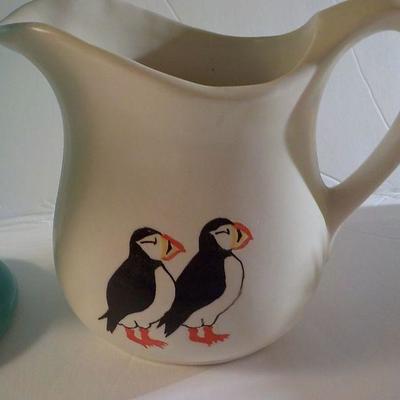 2 stunning vase & pitcher  / hand painted blue translucent vase & penguin pitcher.
