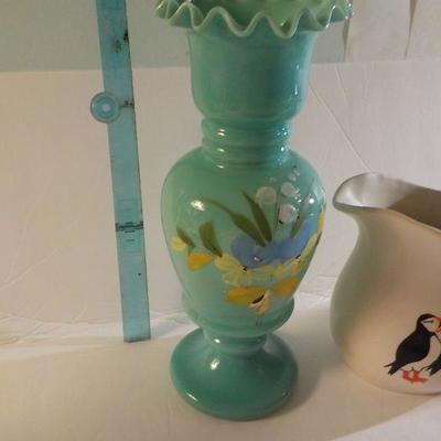2 stunning vase & pitcher  / hand painted blue translucent vase & penguin pitcher.