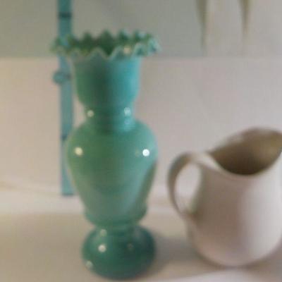 2 stunning vase & pitcher  / hand painted blue translucent vase & penguin pitcher.