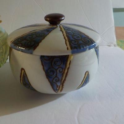 Depression glass bowl & coral and mid century sugar bowl.