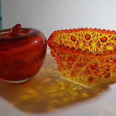 Glass Apple paper weight and Carnival Glass Red Candy dish (rare).