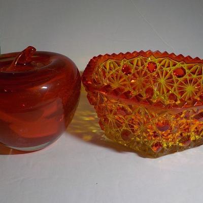 Glass Apple paper weight and Carnival Glass Red Candy dish (rare).