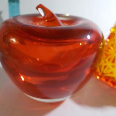 Glass Apple paper weight and Carnival Glass Red Candy dish (rare).