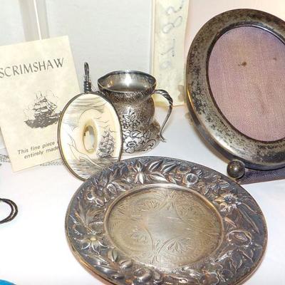 Scrimshaw Sea going Necklace, 1800's sterling cup/Saucer and frame.