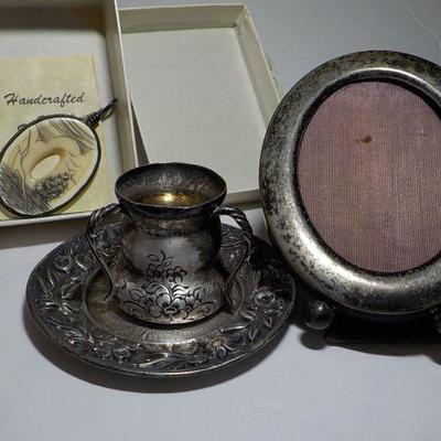 Scrimshaw Sea going Necklace, 1800's sterling cup/Saucer and frame.