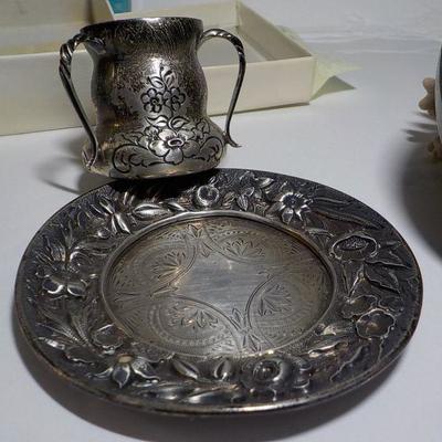 Scrimshaw Sea going Necklace, 1800's sterling cup/Saucer and frame.