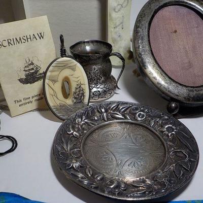 Scrimshaw Sea going Necklace, 1800's sterling cup/Saucer and frame.
