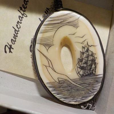 Scrimshaw Sea going Necklace, 1800's sterling cup/Saucer and frame.