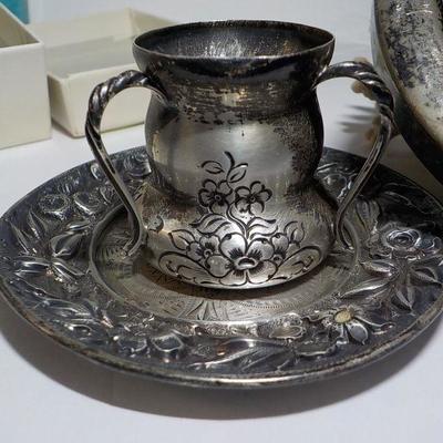Scrimshaw Sea going Necklace, 1800's sterling cup/Saucer and frame.