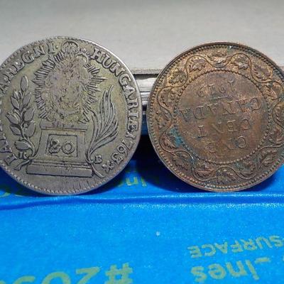 1763 IMP. Gehuboreg Coin and 1928 Canadian one cent.