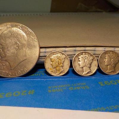 Eisenhower Centennial dollar and 3 mercury dimes (war).