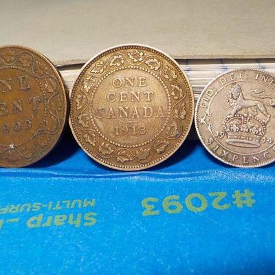 English six pence 1914, 2- canada one cents 1909, 1912.