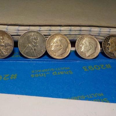 2- 1943 steel pennies and 3- Roosevelt dimes .