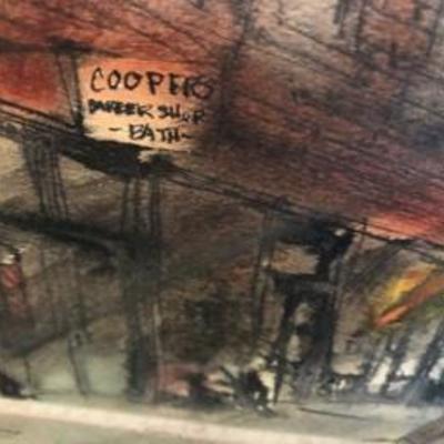 Mid Century Original Watercolor Street Scene "Coopers Barber Shop"