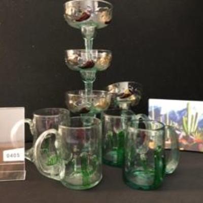Lot of Four Mexican Glass Cactus Beer Mugs & Four Hot Pepper Margarita Glasses & Dana Madras Print
