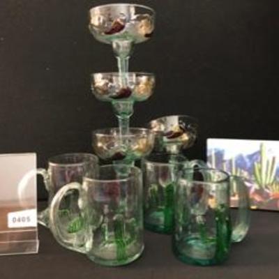 Lot of Four Mexican Glass Cactus Beer Mugs & Four Hot Pepper Margarita Glasses & Dana Madras Print