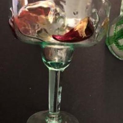 Lot of Four Mexican Glass Cactus Beer Mugs & Four Hot Pepper Margarita Glasses & Dana Madras Print