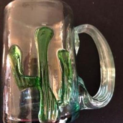 Lot of Four Mexican Glass Cactus Beer Mugs & Four Hot Pepper Margarita Glasses & Dana Madras Print