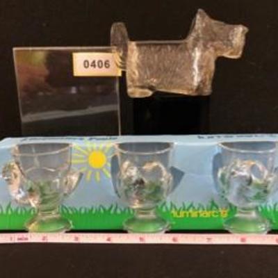 Lot of Glass Scotty Dog Candy Dish & Three Egg Cups of Chicks In Box