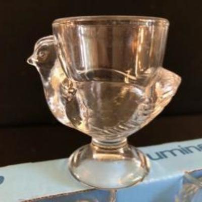 Lot of Glass Scotty Dog Candy Dish & Three Egg Cups of Chicks In Box