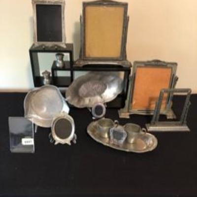 Antique Frame & Vintage Pewter Metal Lot Tray & Cups