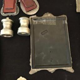 Antique Frame & Vintage Pewter Metal Lot Tray & Cups