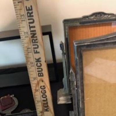 Antique Frame & Vintage Pewter Metal Lot Tray & Cups