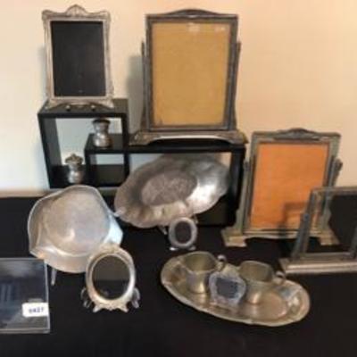 Antique Frame & Vintage Pewter Metal Lot Tray & Cups