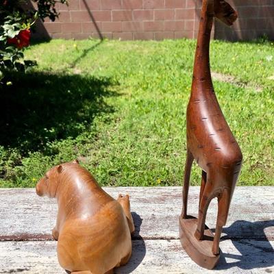 Wood Hippo and Giraffe Figurines