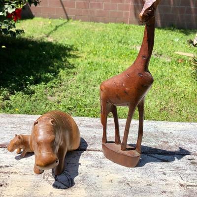 Wood Hippo and Giraffe Figurines