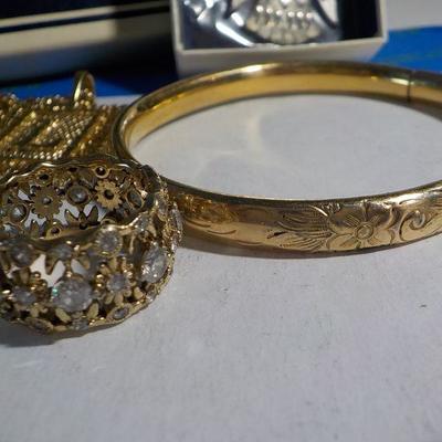 Reed and Barton sterling owl, Gold plated L. necklace, Sterling ring, Gold plated bracelet.