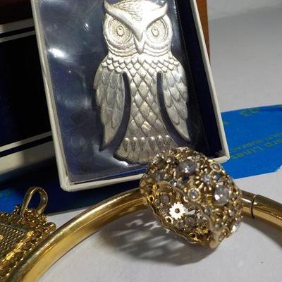 Reed and Barton sterling owl, Gold plated L. necklace, Sterling ring, Gold plated bracelet.