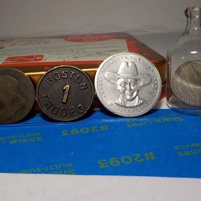 4 - collector items, BSA 1900's pin, Hop a long Cassidy and Nickel in bottle.