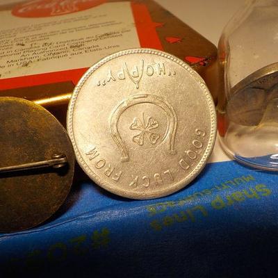 4 - collector items, BSA 1900's pin, Hop a long Cassidy and Nickel in bottle.