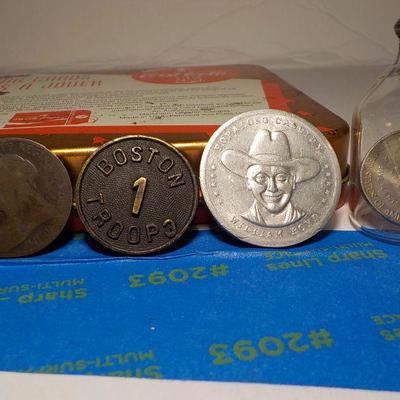 4 - collector items, BSA 1900's pin, Hop a long Cassidy and Nickel in bottle.