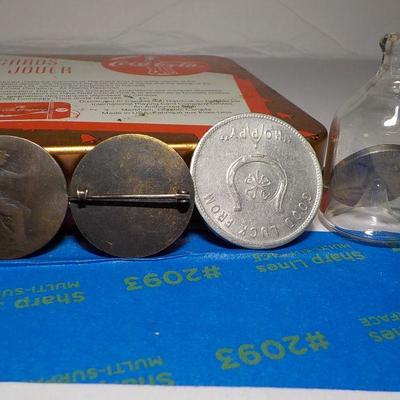 4 - collector items, BSA 1900's pin, Hop a long Cassidy and Nickel in bottle.