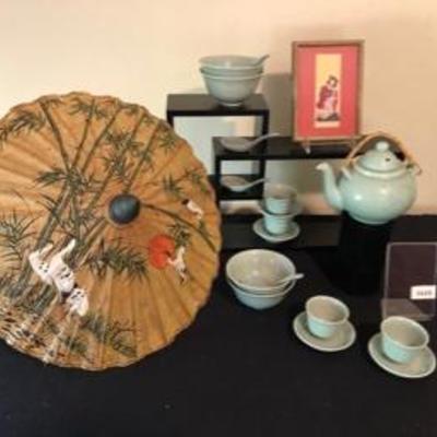 Asian Tea Set & Related Decor Great celadon colored glaze. Geisha print