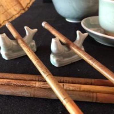 Asian Tea Set & Related Decor Great celadon colored glaze. Geisha print