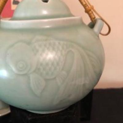 Asian Tea Set & Related Decor Great celadon colored glaze. Geisha print