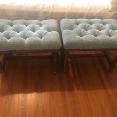 Two Matching Pillow-Top Uphosltered Rolling Walnut Bench Seats by Globe