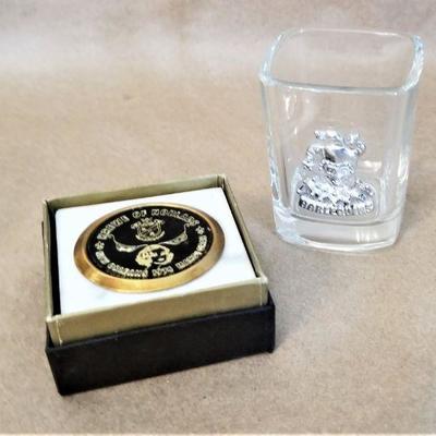 Lot #38  Two piece Mardi Gras Krewe Favor Lot - Noblads 1974 paperweight & Harlequins Shot Glass
