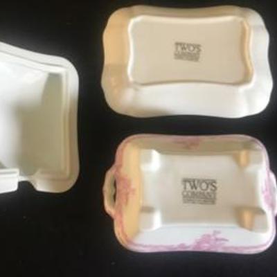 Rabbit Soup Tureen Ladle & White Pink Covered Dish Tray